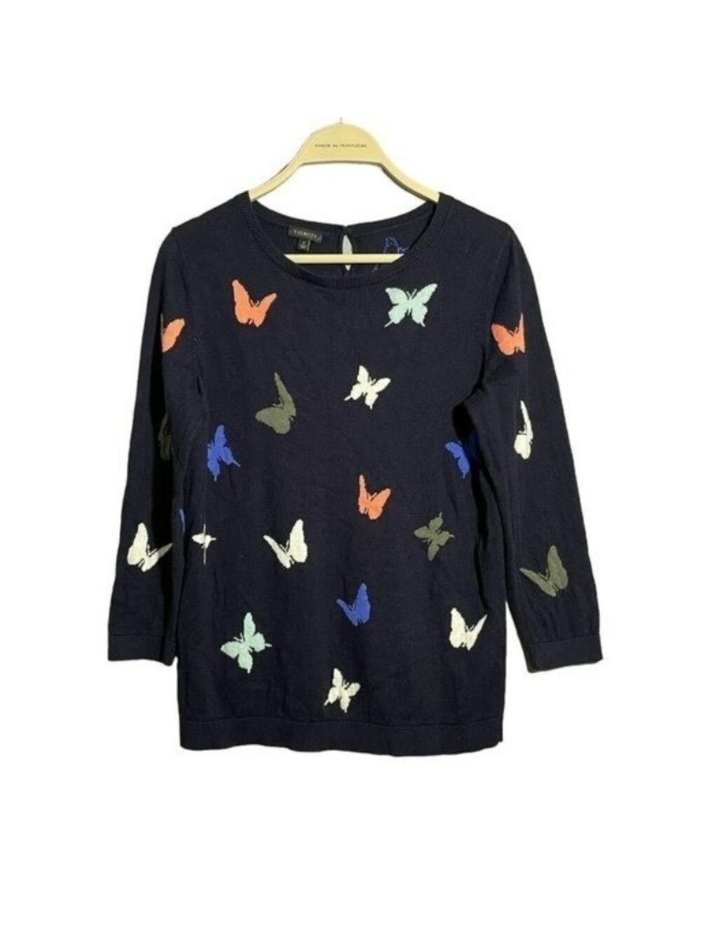 Talbots Sweater Butterfly Women Size S Novelty Navy Jacquard Animal Patterned